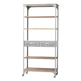 industrial shelving unit with drawers
